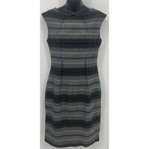 Calvin Klein Dress Size 8 Black Stripe Sheath Scoop Pleat Cap Sleeve Stretch B58